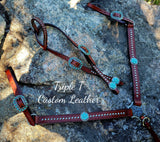 Mahogany Leather Tack Set with Antique Silver Studs & Turquoise Stones