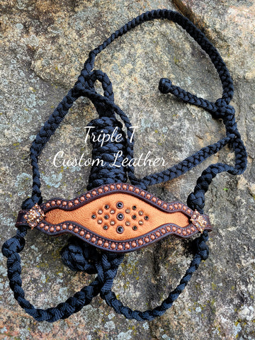 Metallic Copper Inlay Noseband with Copper Studs & Bling on Black Muletape Halter