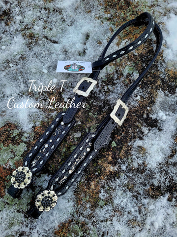 Black Leather Headstall with Silver Buckstitch and Black & Silver Bling
