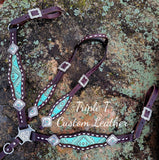 Turquoise Aztec Inlay Tack Set with White Buckstitch on Chocolate Leather