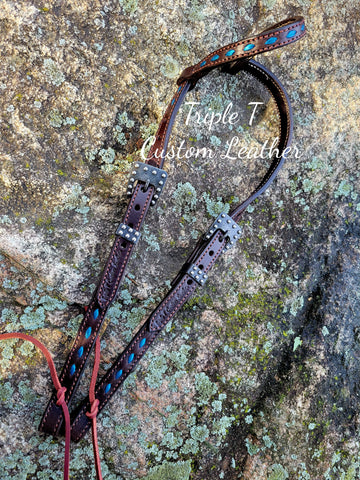 Chocolate Leather Headstall with Blue Ink Metallic Buckstitch