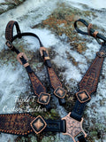 Brown & Bronze Gator Tack Set with Copper Hardware and Bling Conchos on Black Leather
