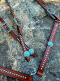 Mahogany Leather Tack Set with Antique Silver Studs & Turquoise Stones