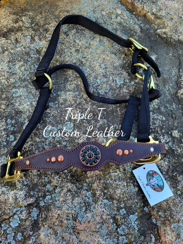Chocolate Leather Simple Noseband with Copper Studs & Concho on Black Halter