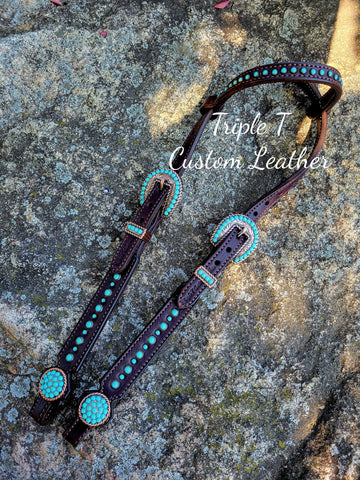 Chocolate Leather Headstall with Turquoise Stones & Copper Hardware