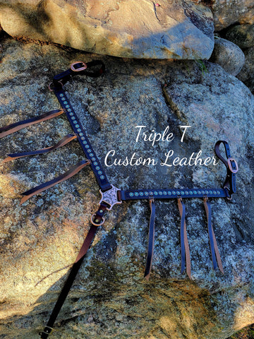 Copper & Teal Patina Studs Breastcollar with Blood Knot Fringe