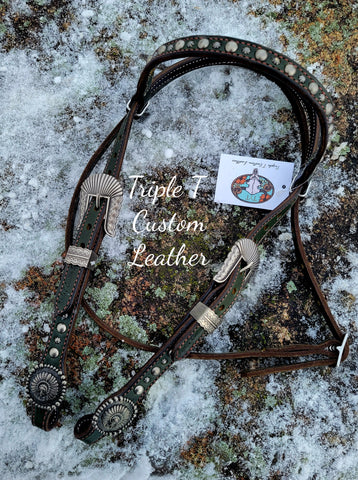 Simple Olive Green Leather Browband Headstall with Antique Silver Hardware