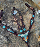 Chocolate Leather Gladiator Tack Set with Turquoise & Earth Tones Wool Inlay & Turquoise Stone Conchos
