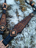 Brown & Bronze Gator Tack Set with Copper Hardware and Bling Conchos on Black Leather