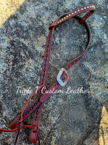 Aztec Tooled Headstall with Turquoise Detail and Stud Earpiece