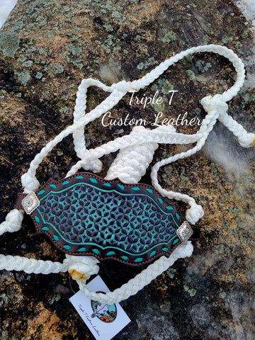 Handtooled Turquoise Patina Noseband with Buckstitch on White Muletape Halter