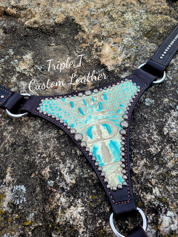 Chocolate Leather War Horse Breastcollar with Turquoise Gator Hide and Antique Silver Studs
