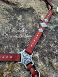 Mahogany Leather Breastcollar with White Buckstitch & Conchos