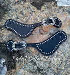Black Leather Spur Straps with Antique Silver Studs & Buckles