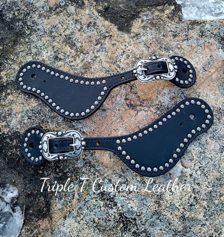 Black Leather Spur Straps with Antique Silver Studs & Buckles