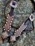 Aztec Diamond Tooled & White Washed Browband Headstall with White Buckstitch