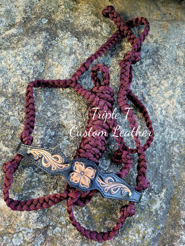 Floral Tooled Black Noseband on Maroon Muletape Halter