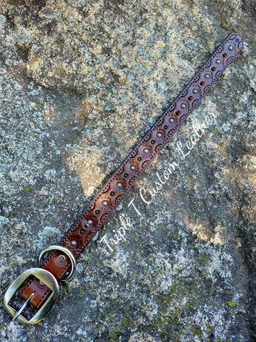 Mahogany Leather Dog Collar with Aztec Tooling and Antique Silver Hardware 10"-14"