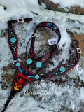 Chocolate Leather Gladiator Tack Set with Wool Inlay, Buckstitch and Turquoise Stone Rimsets