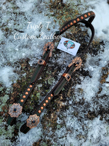 Simple Olive Green Leather Headstall with Antique Copper Hardware