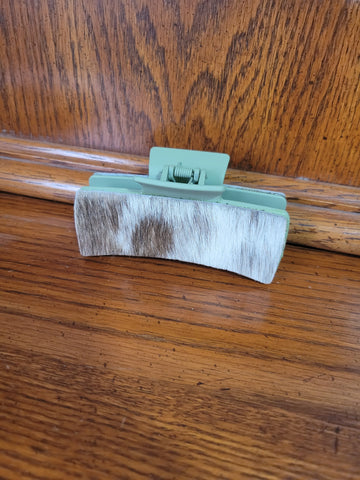 Large 4" Claw Clip- Light Green Clip with Tan & White Cowhide