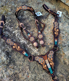 Chocolate Leather Gladiator Tack Set with Handtooled Floral Designs, Arrowstitch Lacing & Copper Hardware