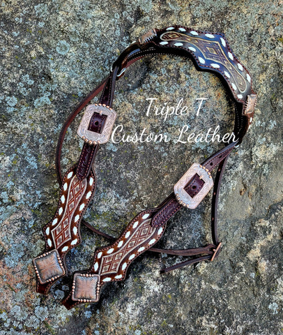 Aztec Diamond Tooled & White Washed Browband Headstall with White Buckstitch