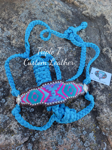 Mermaid Aztec Noseband on Sky Blue Muletape Halter