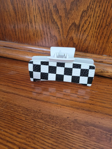 Large 4" Claw Clip- White Clip with Checker Leather