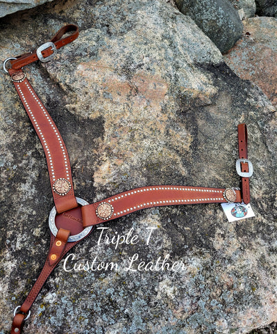 Mahogany Breastcollar with Stainless Stud Border and Handmade Floral Conchos