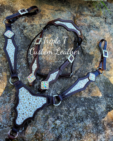 SUPER Bling Gladiator Style Breastcollar & Browband Headstall Set on Chocolate Leather