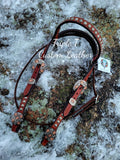 Simple Mahogany Leather Browband Headstall with Antique Copper Studs & Wildflower Buckles & Conchos