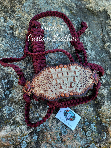 Gator Noseband with Copper Studs and Burgundy Bling Conchos and Muletape Halter