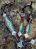 Turquoise Aztec Inlay Tack Set with White Buckstitch on Chocolate Leather