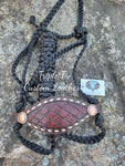 Hand-tooled Weave Noseband with Tan Buckstitch, Copper Conchos and Black Muletape Halter