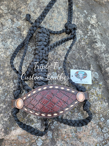 Hand-tooled Weave Noseband with Tan Buckstitch, Copper Conchos and Black Muletape Halter