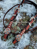 Simple Mahogany Leather Browband Headstall with Antique Copper Studs & Wildflower Buckles & Conchos