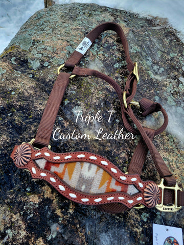Mahogany Leather Noseband with Wool Inlay & White Buckstitch on Brown Halter