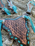 Handtooled Diamond Pattern Tack Set with Antique Finish, Turquoise Buckstitch and Tassles