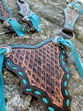 Handtooled Diamond Pattern Tack Set with Antique Finish, Turquoise Buckstitch and Tassles