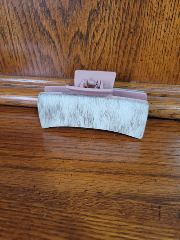Large 4" Claw Clip- Light Pink Clip with Tan & White Brindle Cowhide