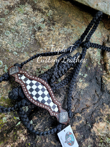 Black & White Checkered Inlay Noseband on Black Muletape Halter