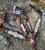 Mahogany Leather Tack Set with Earthy Aztec Print Leather & Copper Hardware