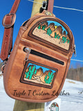 Handtooled Desert Scene Sling Bag in Tan Distressed Leather