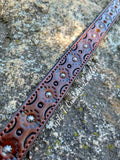 Mahogany Leather Dog Collar with Aztec Tooling and Antique Silver Hardware 10"-14"