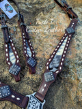 Chocolate Leather Tack Set with Grey & White Wool Inlay & White Buckstitch