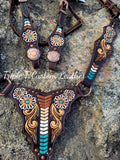 Chocolate Leather Gladiator Tack Set with Handtooled Floral Designs, Arrowstitch Lacing & Copper Hardware