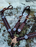 Chocolate Leather Tack Set with White Buckstitch, Copper Studs & White & Copper Daisy Conchos