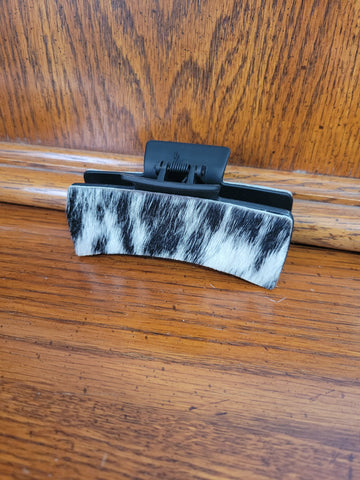 Large 4" Claw Clip- Black Clip with Black & White Cowhide