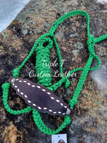 Chocolate Leather Noseband with White Buckstitch on Kelly Green Muletape Halter